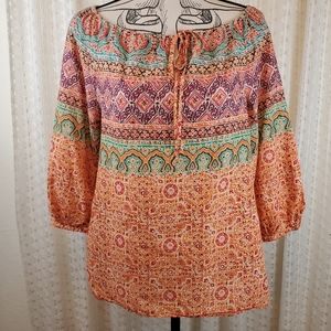 Ralph Lauren Bohemian Tribal Cotton Top Orange Green 3/4 Sleeve Size Small